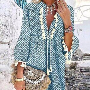 Blue Boho Women's Sleeveless Fringe Decorated Belted Dress With All-Over Print